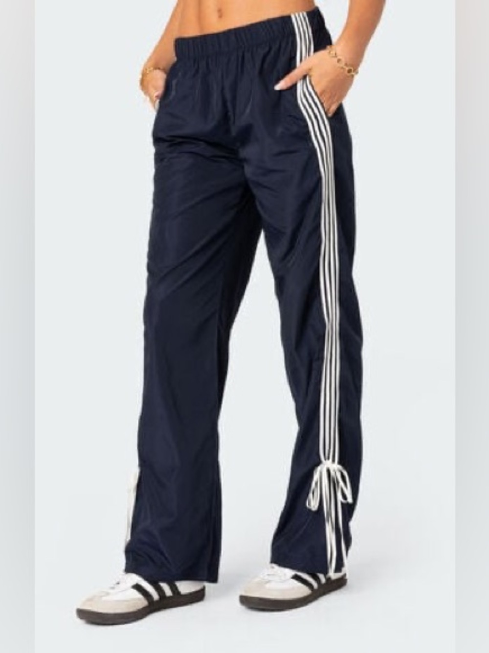 Edikted Navy Side Stripe Tie Detail Track Pants Size Small Y2K Sporty Streetwear
